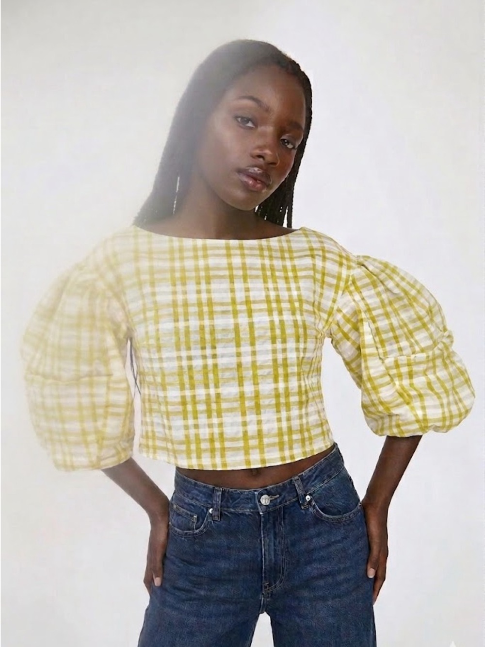 Rosie Assoulin Yellow Plaid Puff-Sleeve Crop Top XS/S